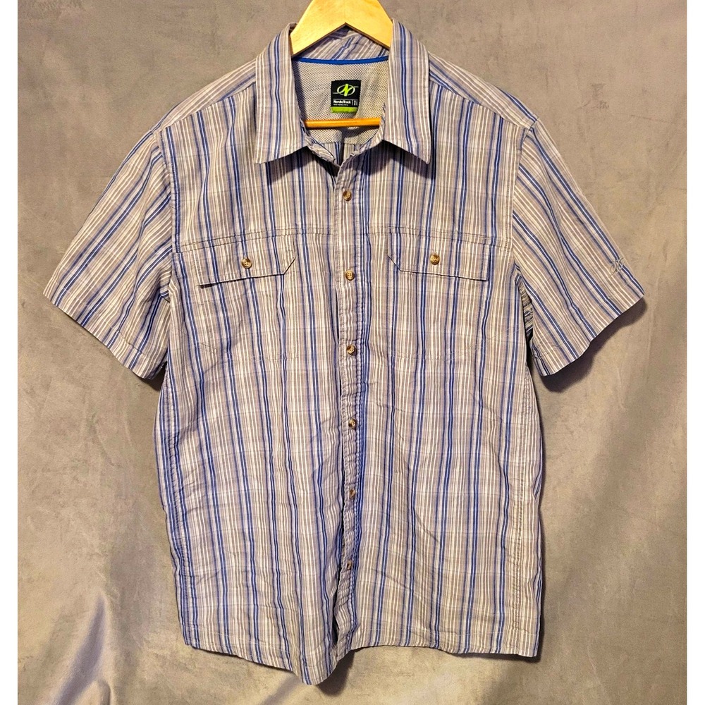 NordicTrack Men's XL Blue Gray Striped Button-Up Shirt Short Sleeve Pockets